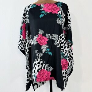 IMA Caftan‎ Poncho Top Women's M/L Black Pink Leopard Floral Baroque